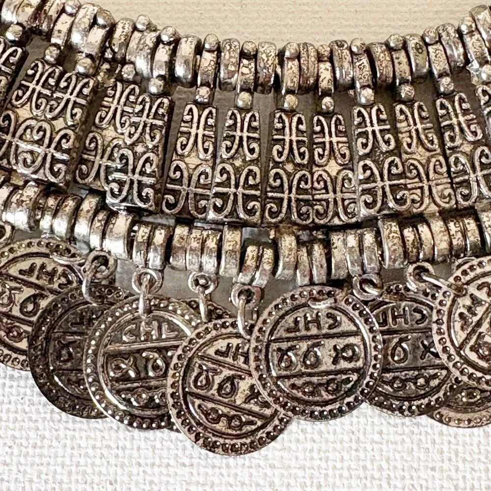 Silver Tone Coin Wide Choker Necklace Bohemian Gypsy Love Affair 16.5” - Picture 9 of 14